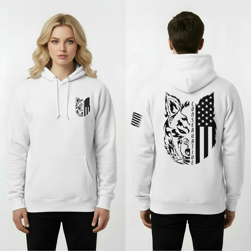 Conservative Wolf & Flag Patriot Pullover Hoodie