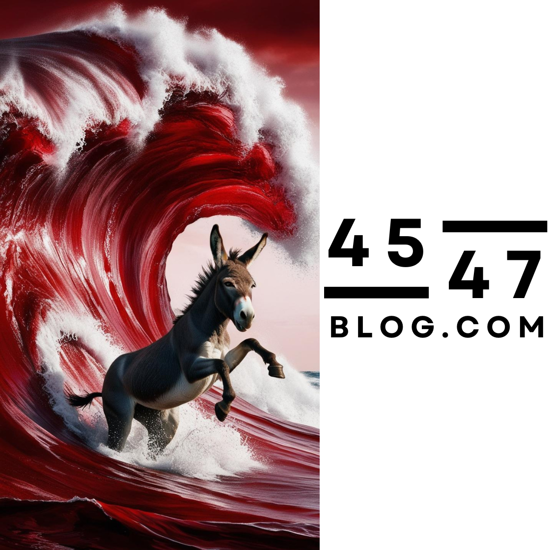 A donkey running through large red ocean waves with a pink and red sky in the background, and a logo with the text '45/47 BLOG.COM' on the right side.