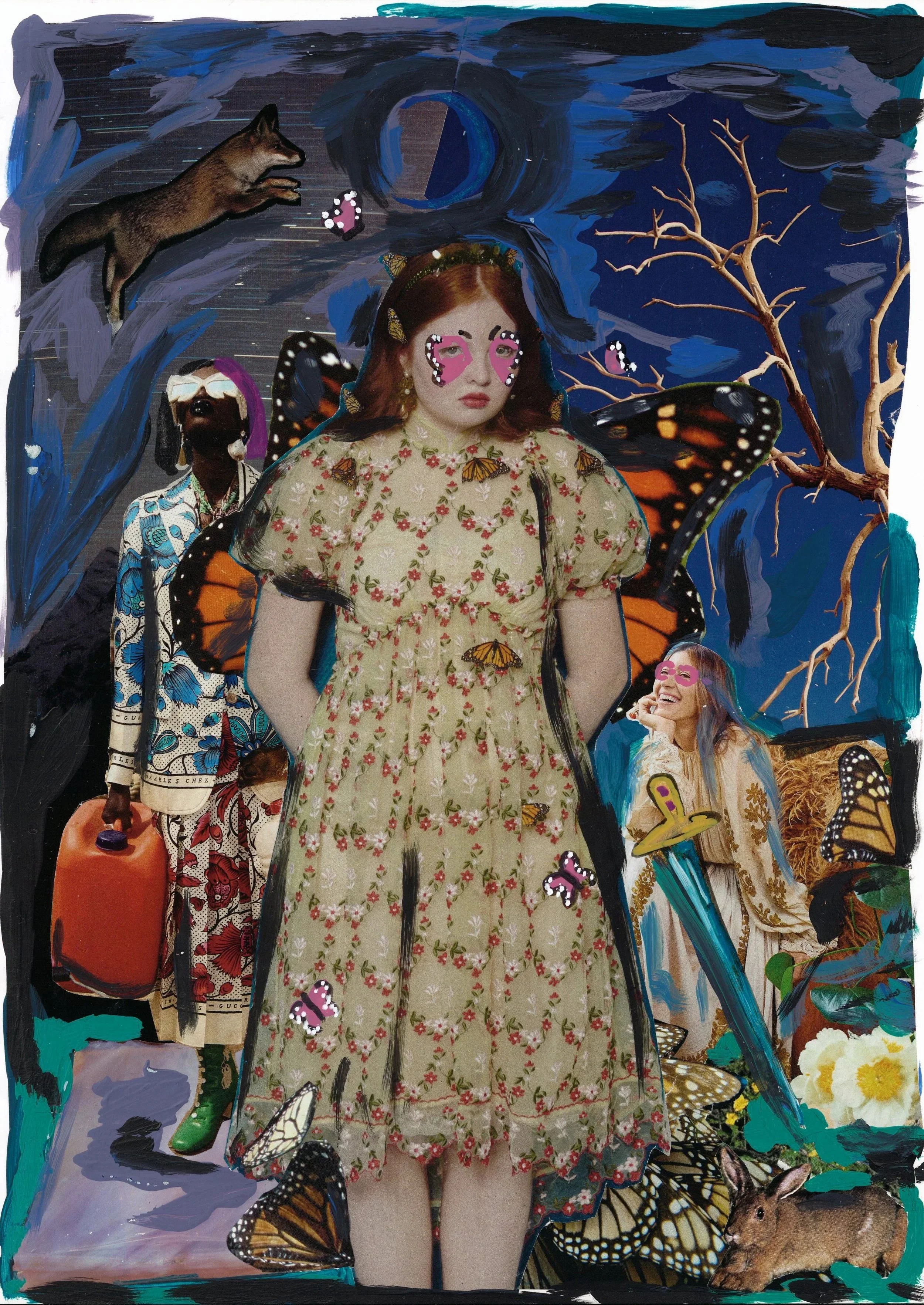 colage of three women in a surrealist night-scape; all three seem to have a special power: light, butterflies, and swords