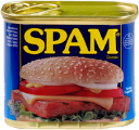 A can of Spam with a label showing a classic Spam sandwich with bread, Spam, and toppings.