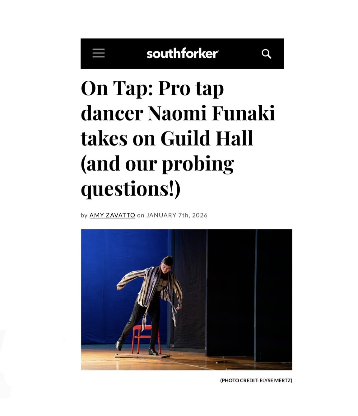 Article webpage with a photo of Naomi Funaki performing on stage, captioned credit Elyse Mertz, article title about a tap dancer taking on Guild Hall.