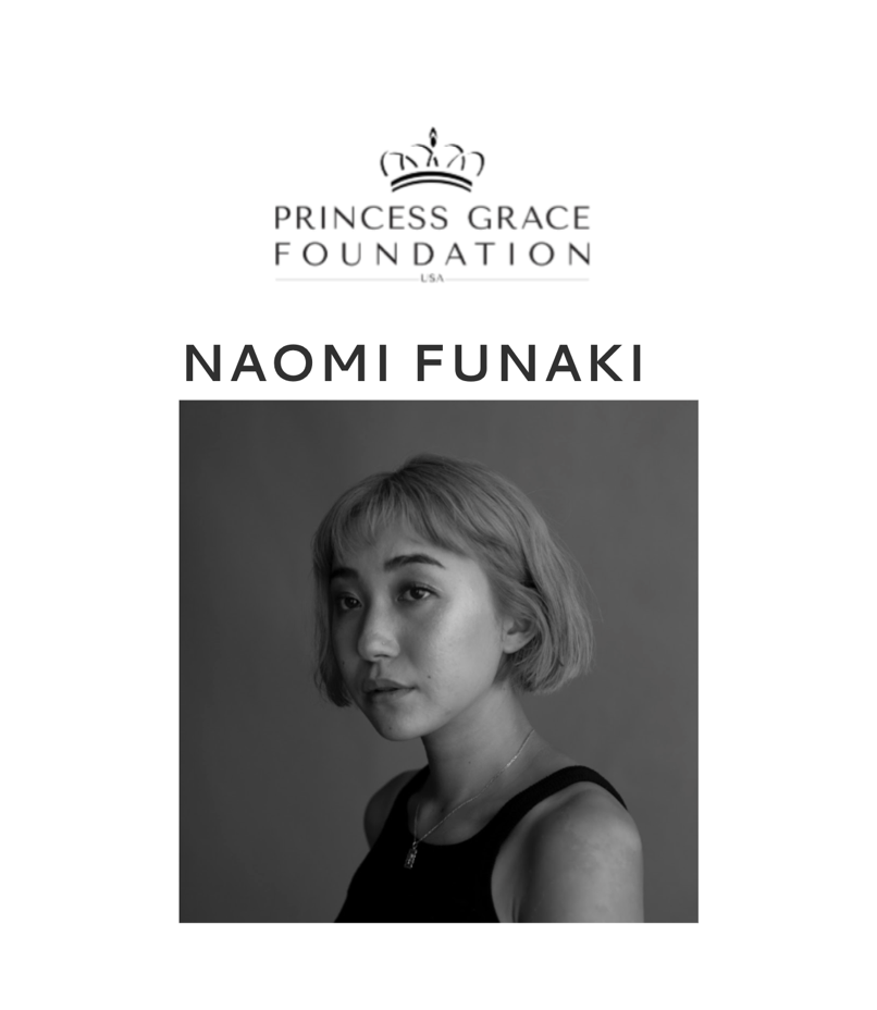 A black and white portrait of Naomi Funaki with short blonde hair, wearing a sleeveless top and a necklace, looking slightly to the side.