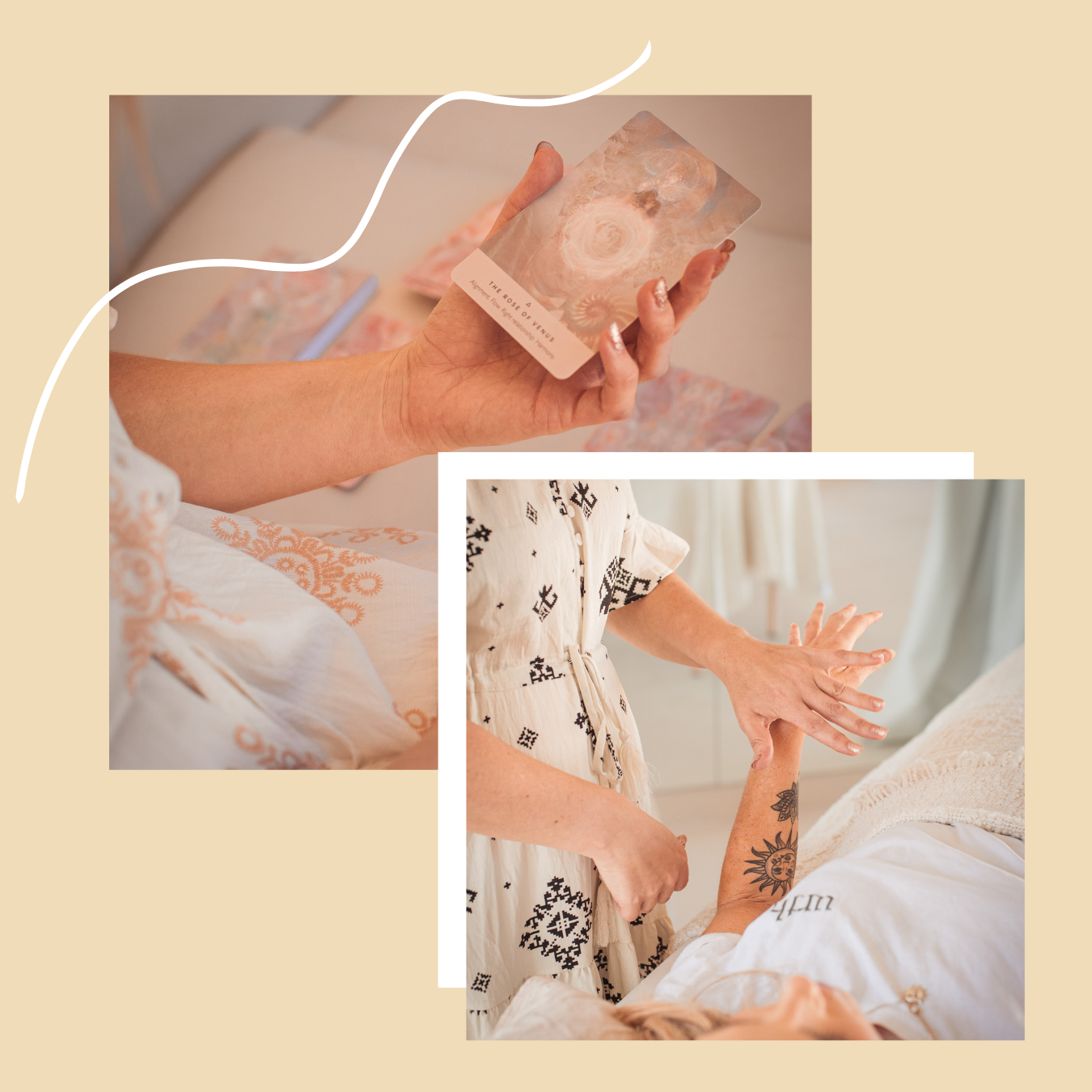 Jackie holding an oracle card, and another women, lying down, receiving muscle testing.