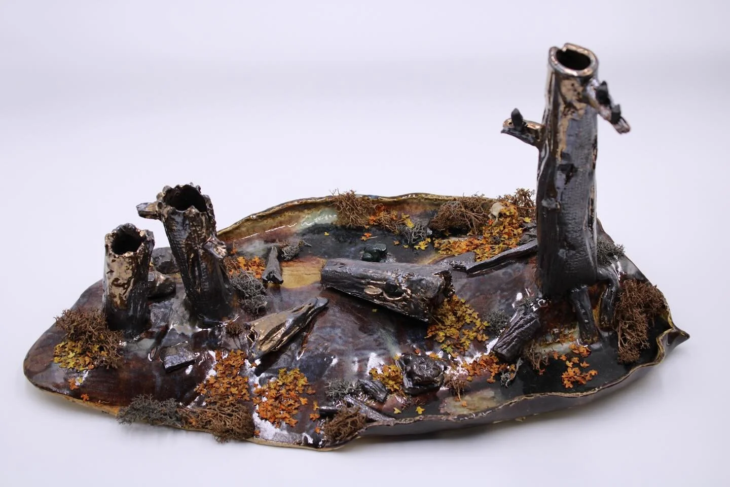 Last piece from 2024 is this wonderful swamp landscape I done! All made with a humble slab and sculpted additions. The watery areas are melted glass and some faux foliage sprinkled around 

#ceramic #claysculpture #landscape #swamp