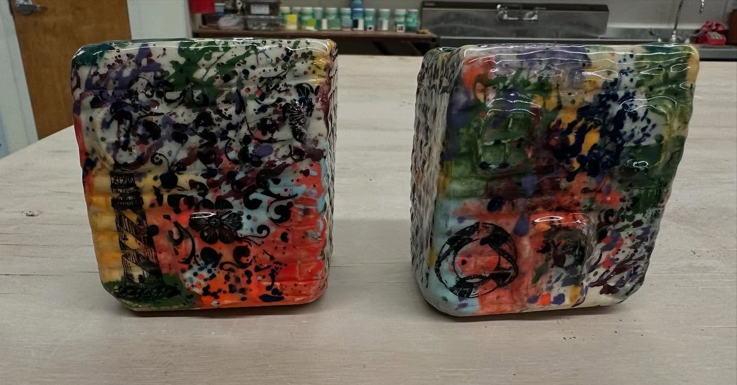 More castings from my very own mold! This is with underglaze applications combined with @sanbaostudio underglaze transfers. Super excited to experiment more with the transfers on other pieces!