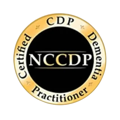 Logo of NCCDP with gold and black colors, featuring the text 'Certified CDP Dementia Practitioner' around the circle and 'NCCDP' in the center.
