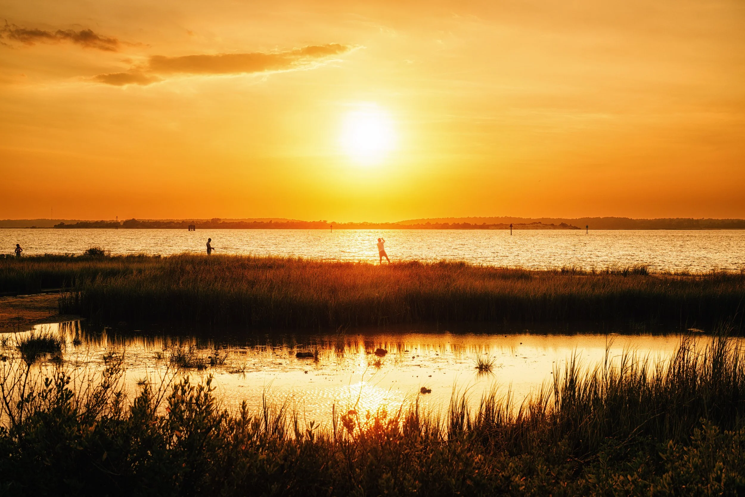 A beautiful sunset over a body of water with orange and yellow hues in the sky. There are silhouettes of people near the water, some taking photos. The foreground has grass and plants.