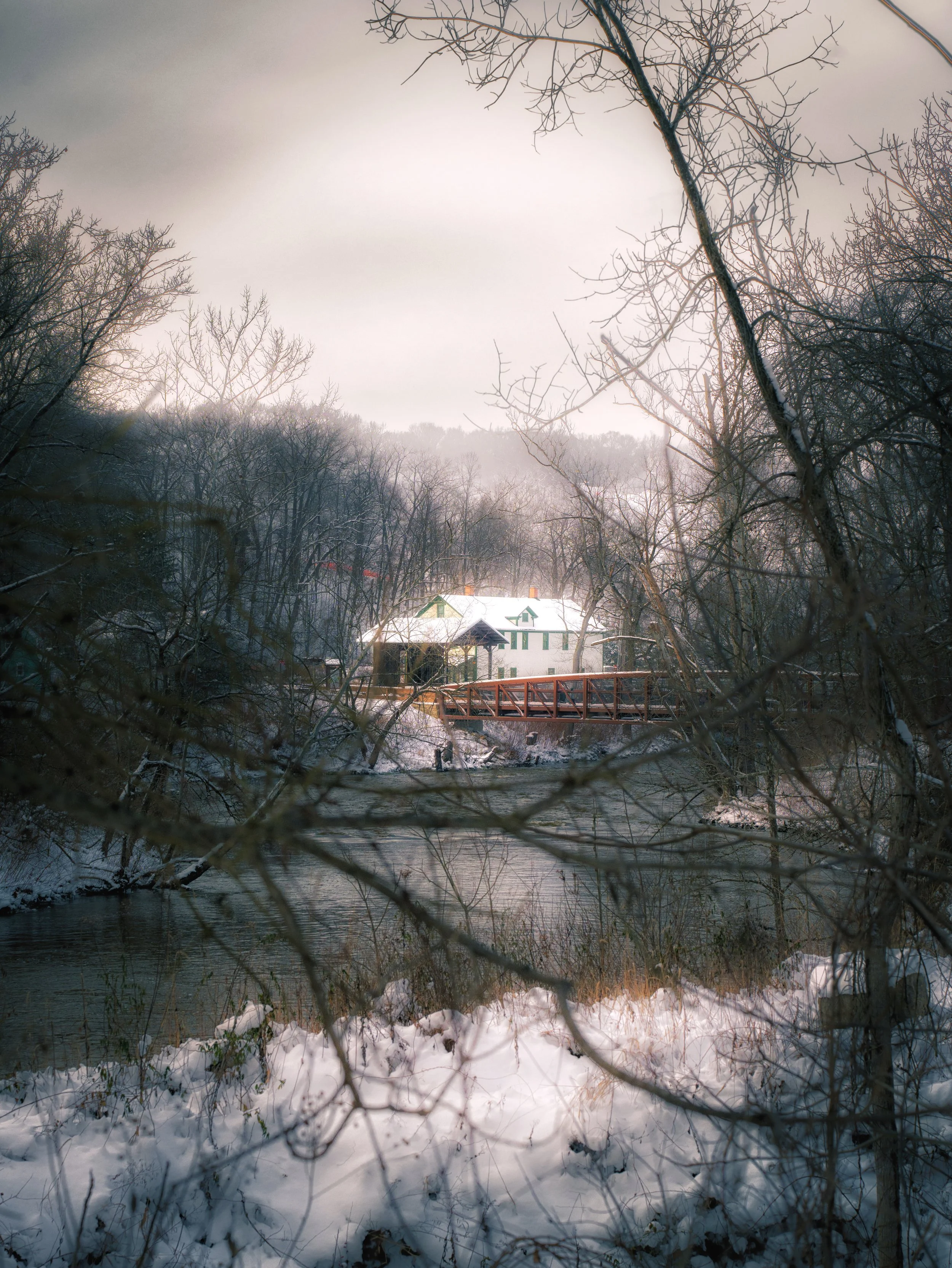 A quiet footbridge passes through bare winter trees in Northeast Ohio, reflecting the stillness of the season.