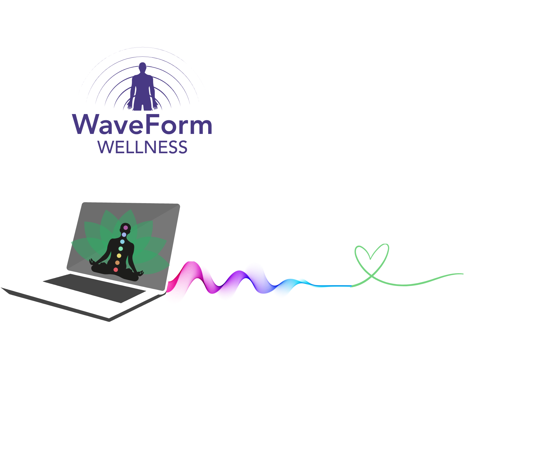 Silhouette of a person in meditation with a laptop displaying a chakra diagram and a lotus flower background, surrounded by wellness and connection symbols.