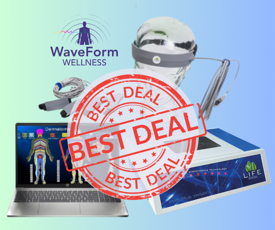 A digital wellness and health testing setup with a laptop showing a human body scan, a biofeedback device, a wellness device labeled Life System, and a headband with sensors, all marked with a red "Best Deal" stamp.