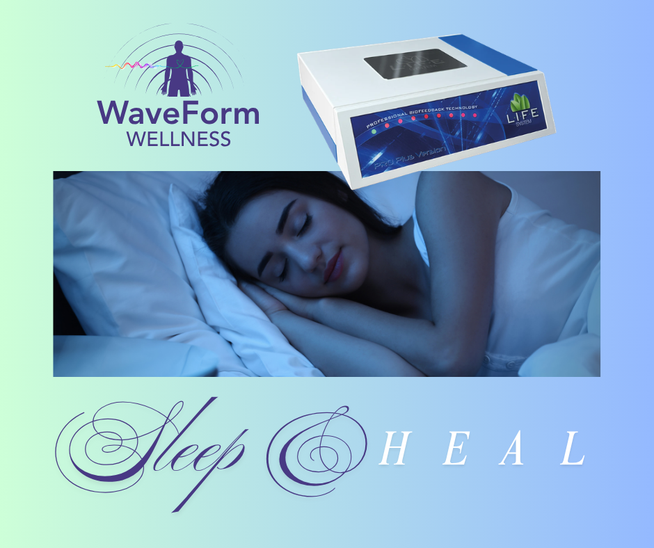 A woman sleeping peacefully in bed with a Healing Sleep device above her head, promoting wellness and relaxation.