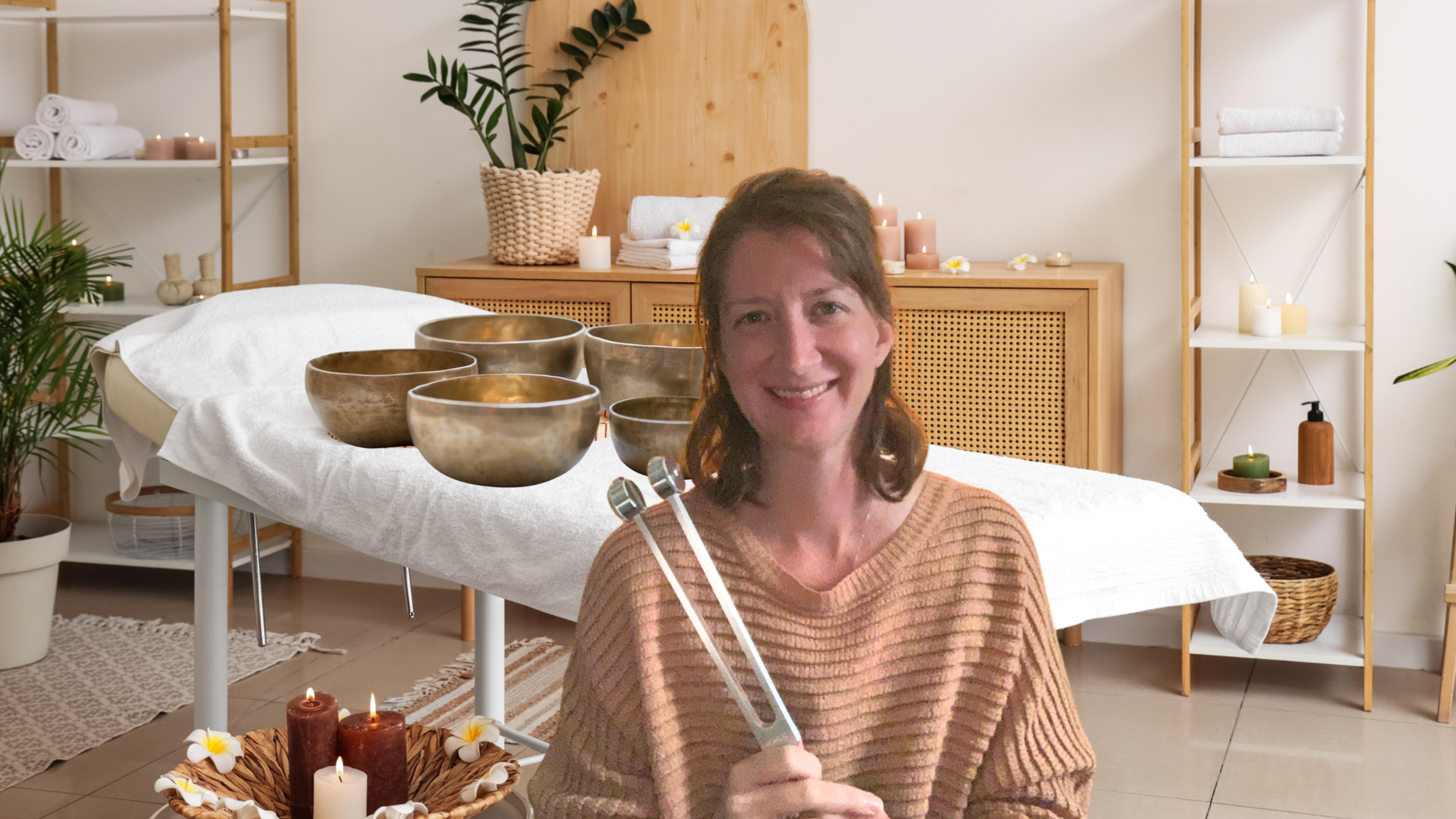 A woman smiling and holding tuning forks in a wellness or spa room decorated with candles, plants, and towels, with singing bowls and candles on the massage table.