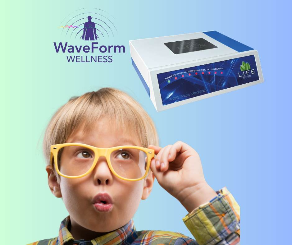 A young boy wearing yellow glasses, looking upward with a curious expression. In the background, there is a device and a logo for WaveForm Wellness, featuring a human figure with radiating lines.
