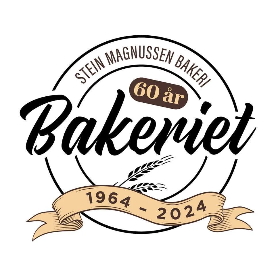 Logo for Stein Magnussen Bakeri, feirer 60 år, med årene 1964-2024, med bilde av hveteblader og en banner.