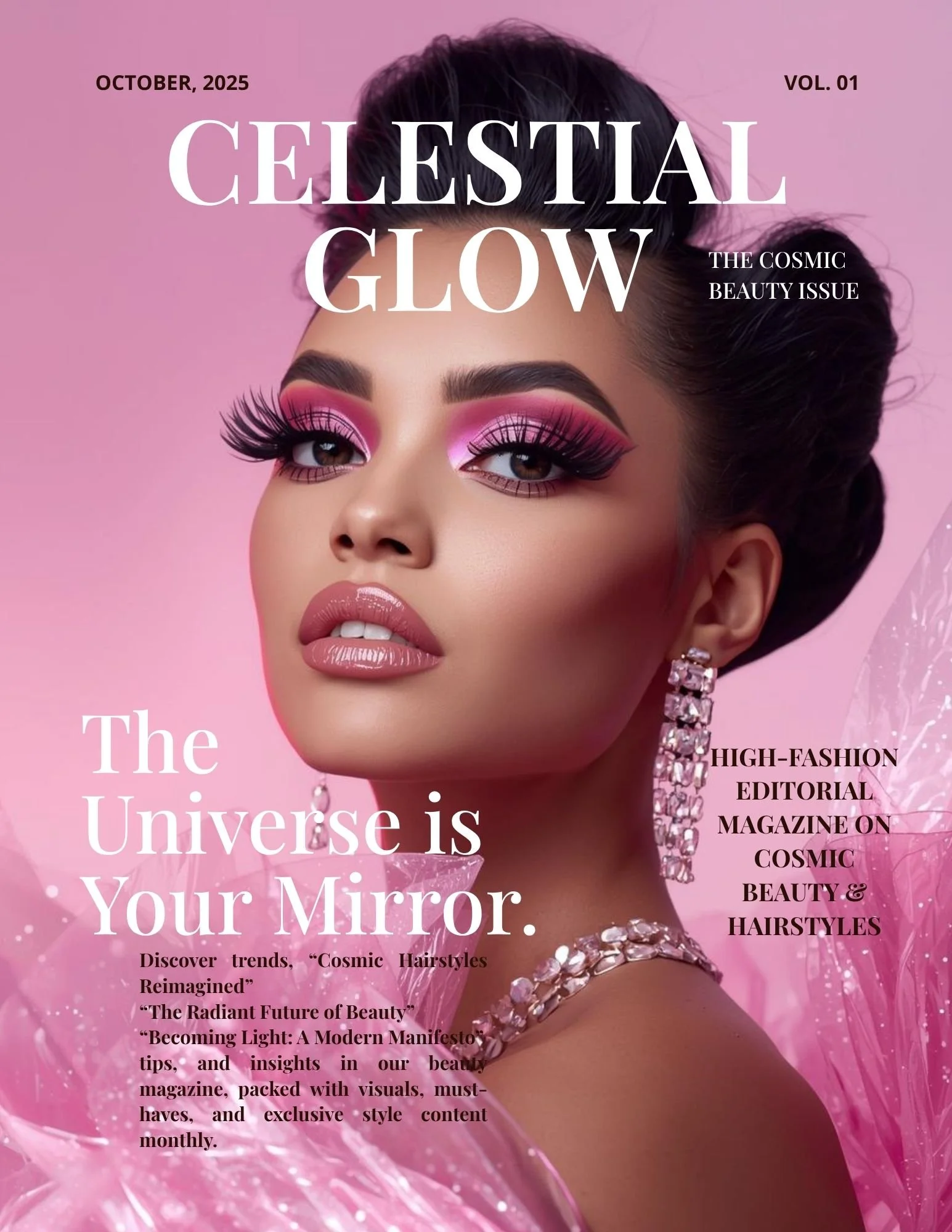 Cover of a beauty magazine titled "Celestial Glow," featuring a woman with elaborate pink makeup, large earrings, and a pearl necklace, set against a pink background.