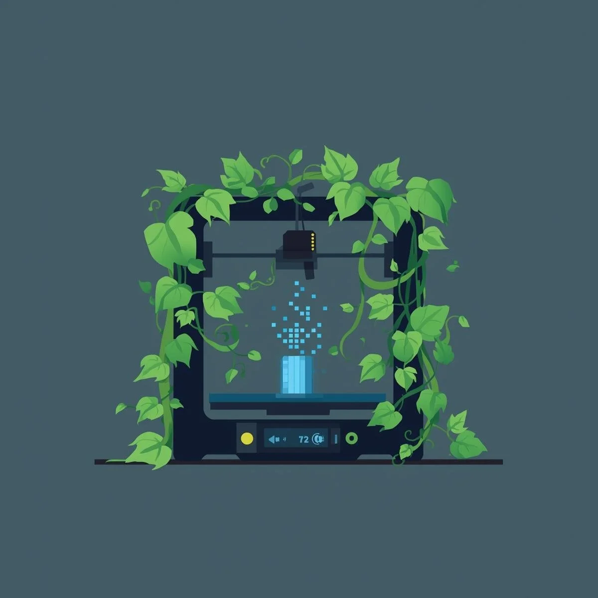 A 3D printer with green vines and leaves growing around it, emitting blue digital particles from the printing area.