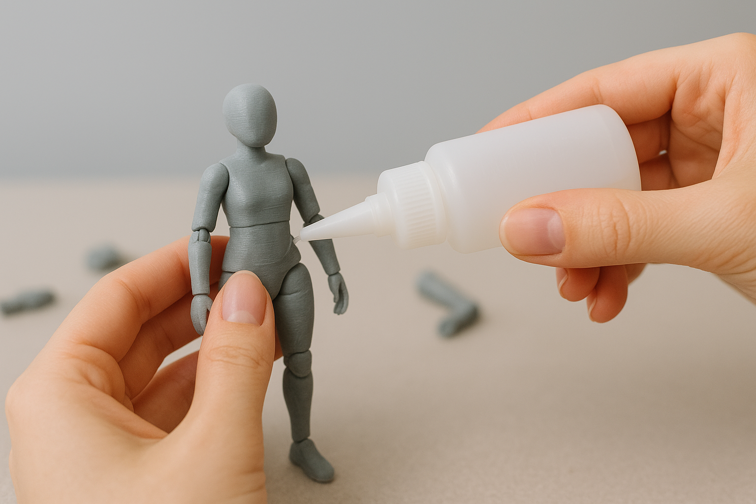 A person uses a glue bottle to repair a gray plastic mannequin figure with missing arms.