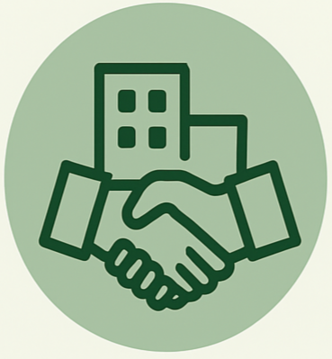 Icon of a handshake in front of buildings, symbolizing agreement or partnership.
