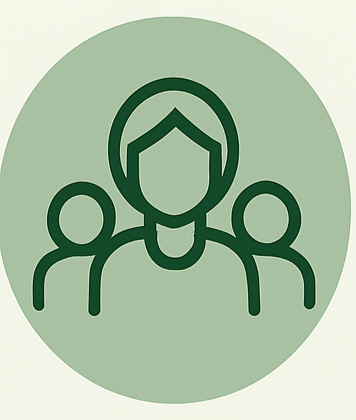 Icon of three people, with one in the front having a shield-shaped symbol over their face, all set against a green circular background.