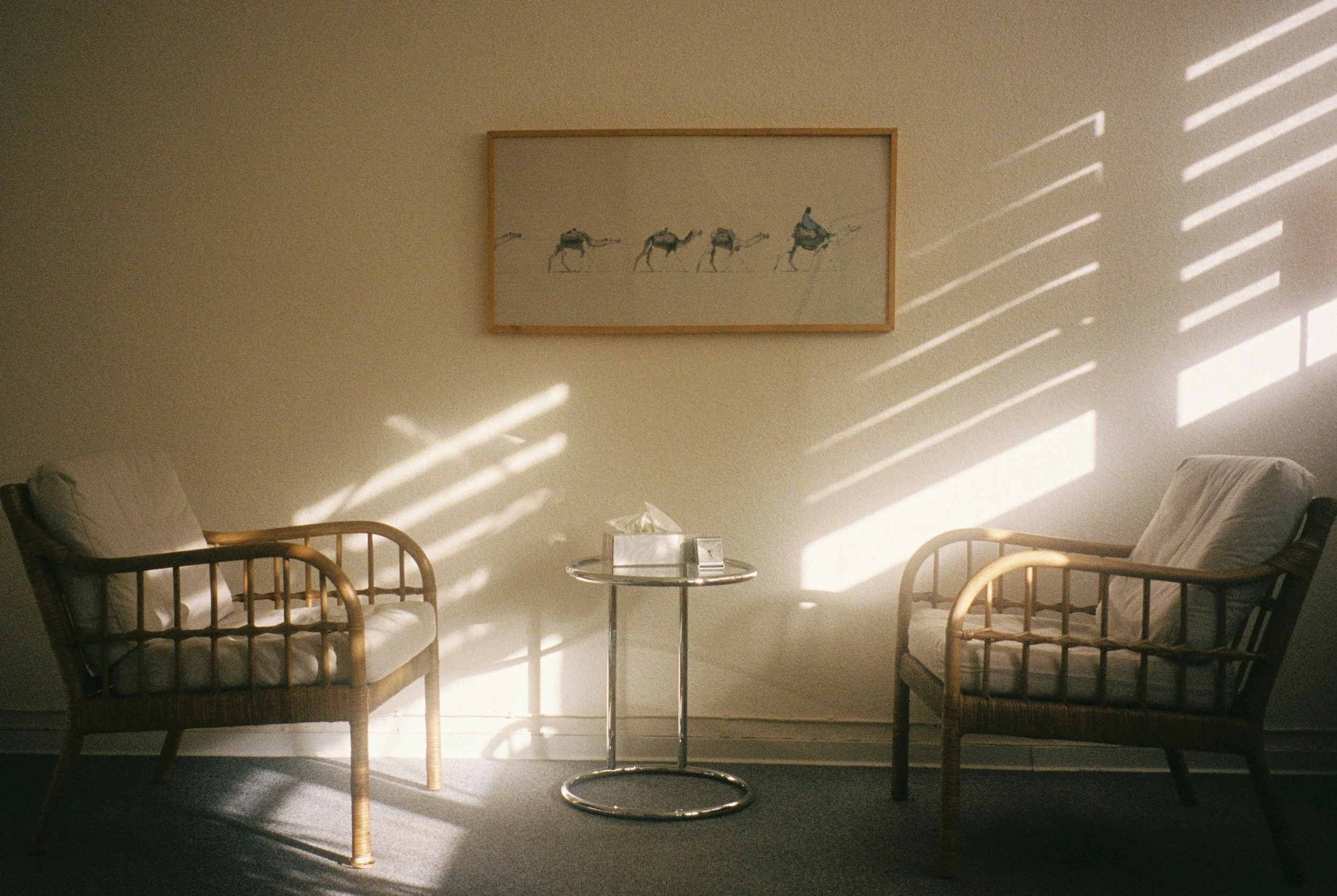 Two chair facing a table with tissues