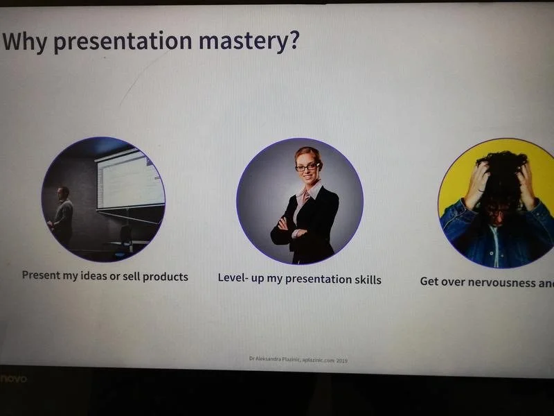 Slide titled "Why presentation mastery?" with three circular images and text: 1) Woman presenting in front of a screen, "Present my ideas or sell products," 2) Confident woman with crossed arms, "Level-up my presentation skills," 3) Person with their