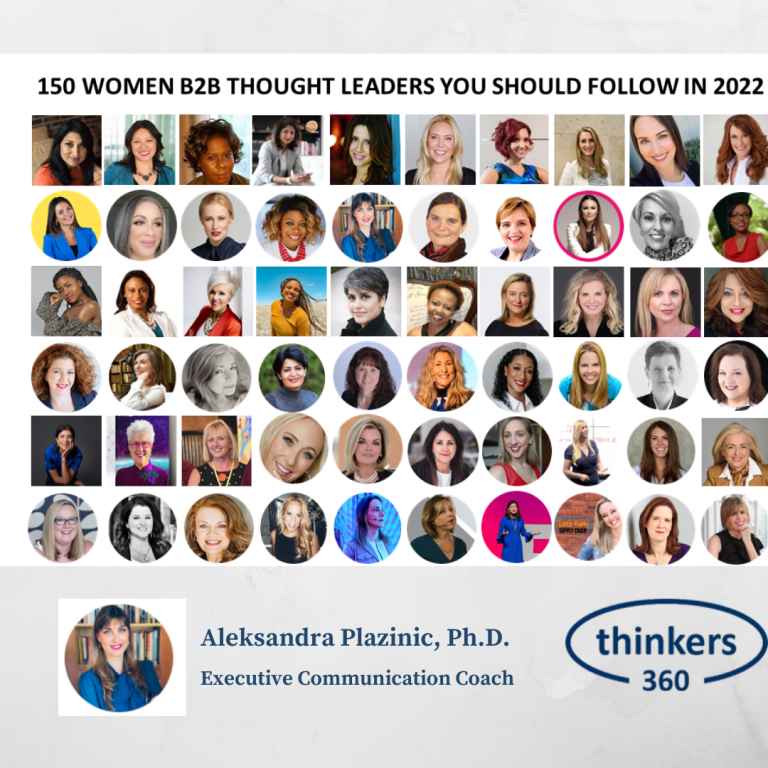 A collage of 50 women thought leaders in business, headshots arranged in rows, titled "150 Women B2B Thought Leaders You Should Follow in 2022." At the bottom, a featured woman, Aleksandra Plazinic, Ph.D., identified as an Executive Communication Coa