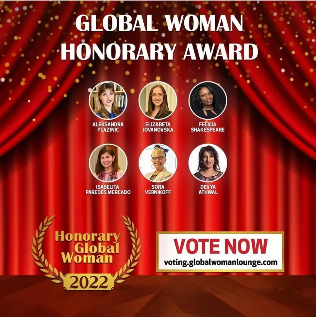 Poster for the Global Woman Honorary Award 2022, featuring six women with their names and photos, red stage curtain background with gold accents, and a call to action to vote at voting.globalwomanlounge.com.