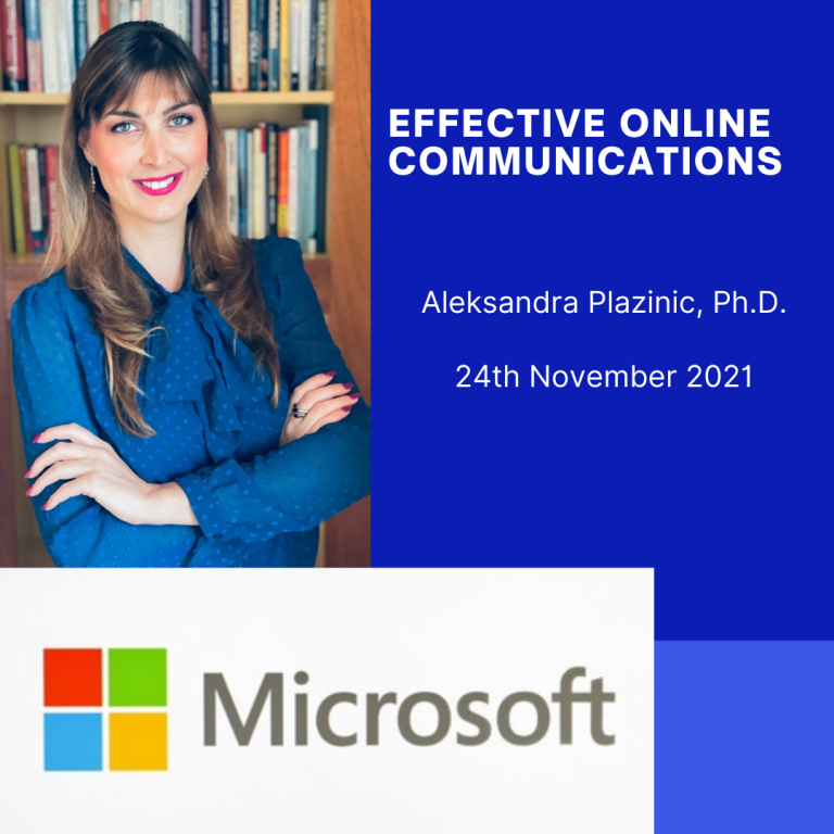 A woman with long brown hair wearing a blue blouse with a bookcase in the background. The image includes text about a presentation titled 'Effective Online Communications' by Aleksandra Plaznic, Ph.D., dated 24th November 2021, and features the Micro