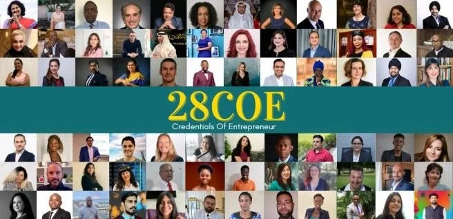 A collage of diverse professional individuals, with a banner in the center displaying '28COE Credentials of Entrepreneur'.