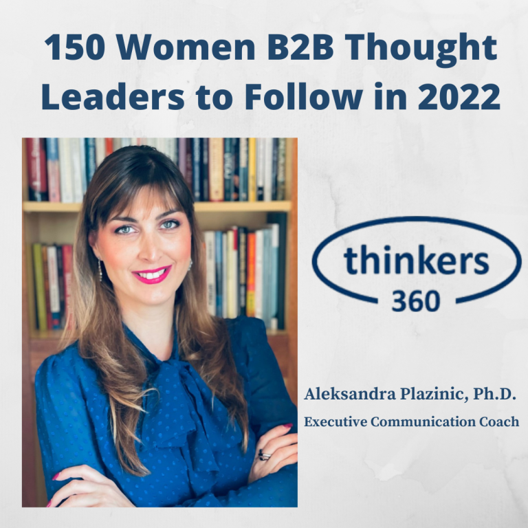 Book cover titled '150 Women B2B Thought Leaders to Follow in 2022' featuring a woman with long brown hair, wearing a blue blouse, smiling with arms crossed, seated in front of a bookshelf. Logo of Thinkers 360 and the name Aleksandra Plazinic, Ph.D.
