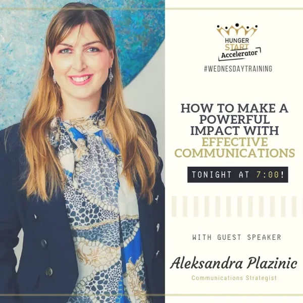 Promotional flyer featuring a woman with long blonde hair, promoting a training session on effective communication tonight at 7:00 PM, with guest speaker Aleksandra Plazinic, a communications strategist.