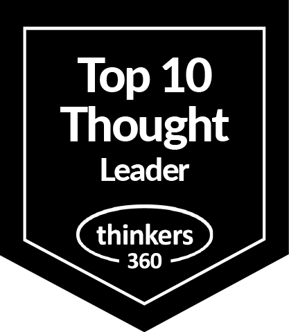 Black badge with white text reading 'Top 10 Thought Leader' and 'thinkers 360'.