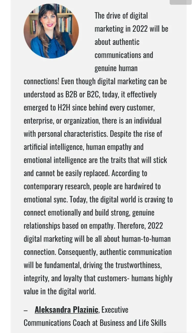 Text discussing digital marketing in 2022 emphasizing authentic human communication, emotional connection, and trustworthiness, accompanied by a photo of a woman with brown hair in a blue shirt in front of a bookshelf.