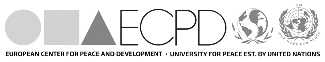 Logos of the European Center for Peace and Development, University for Peace Est. by United Nations, including symbols of peace, globe, and laurel wreaths.