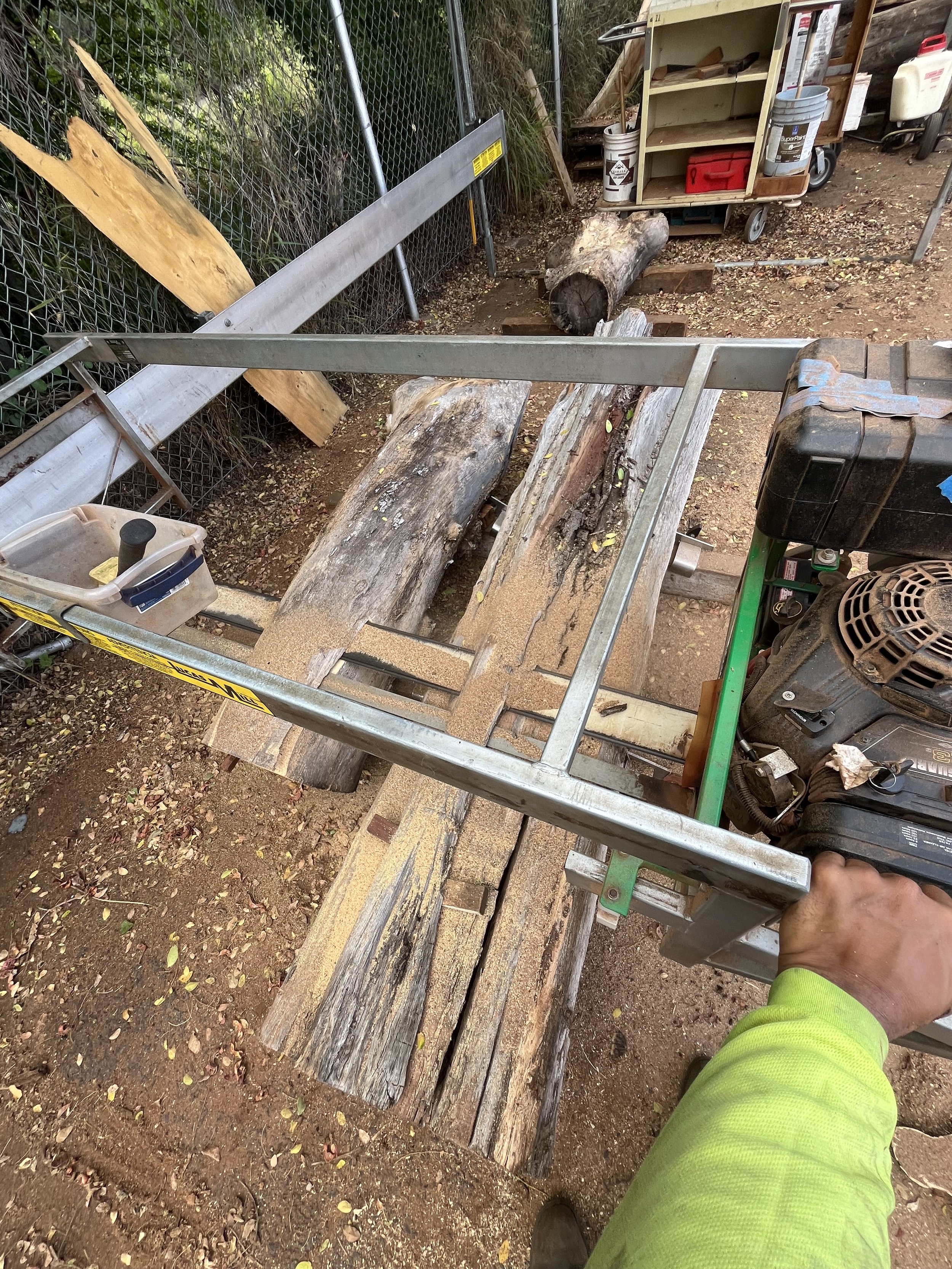 Point of view image of a man operating a tree mill.