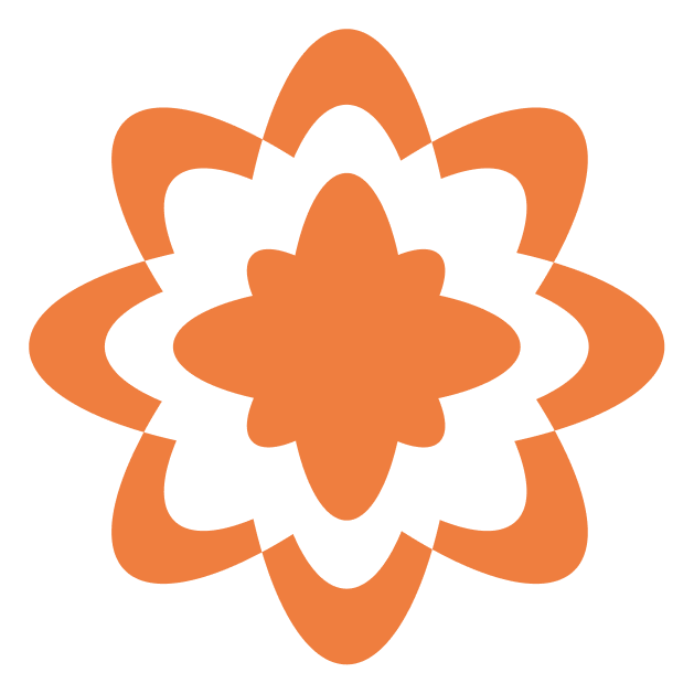 Stylized orange and black abstract flower or starburst design with layered petals or points.
