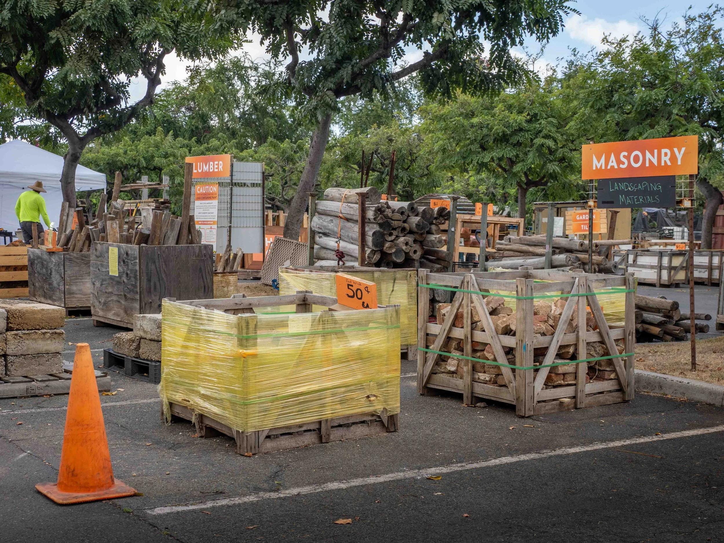 Wide angle photo of masonry for sale in the Lumberyard at Re-use Hawai‘i.
