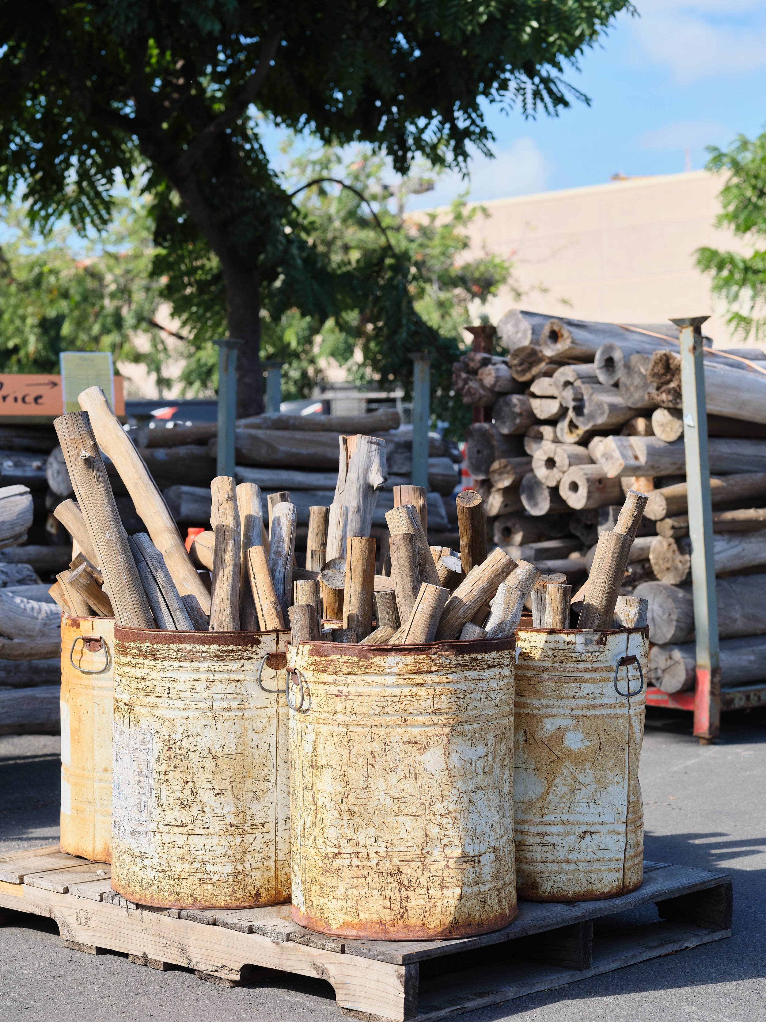 Three rusted metal buckets filled with wooden logs placed on wooden pallets outdoors, with stacked logs and trees in the background.