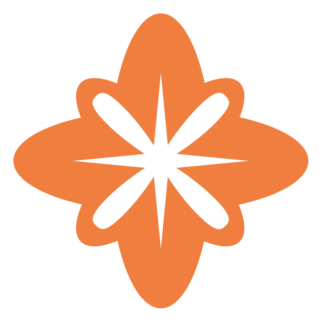 Stylized orange and black star-shaped flower with five petals and a central geometric pattern.