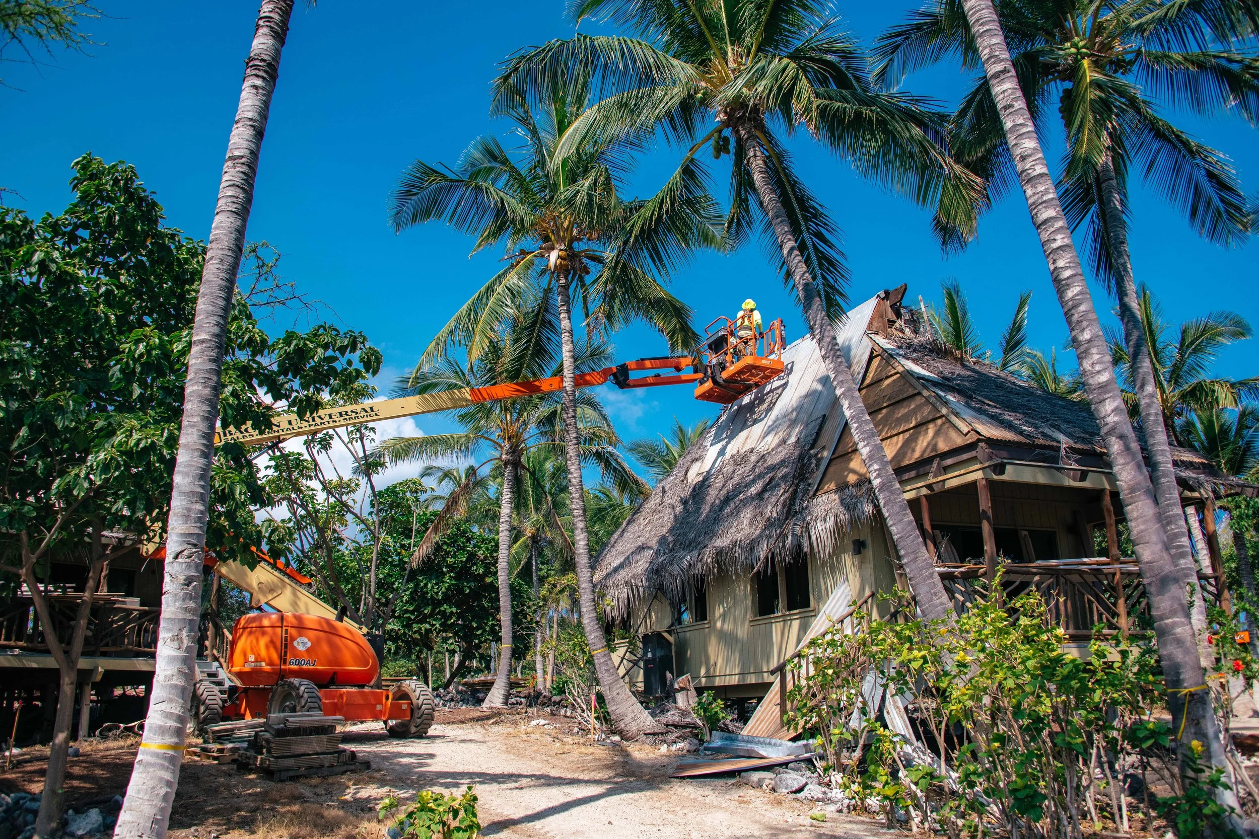A wide angle photograph of a deconstruction project in Kona, Big Island, Hawai‘i.