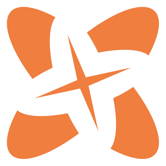 An abstract design featuring four orange teardrop-shaped elements arranged in a rotating pattern around a central point, creating a symmetrical flower-like appearance.