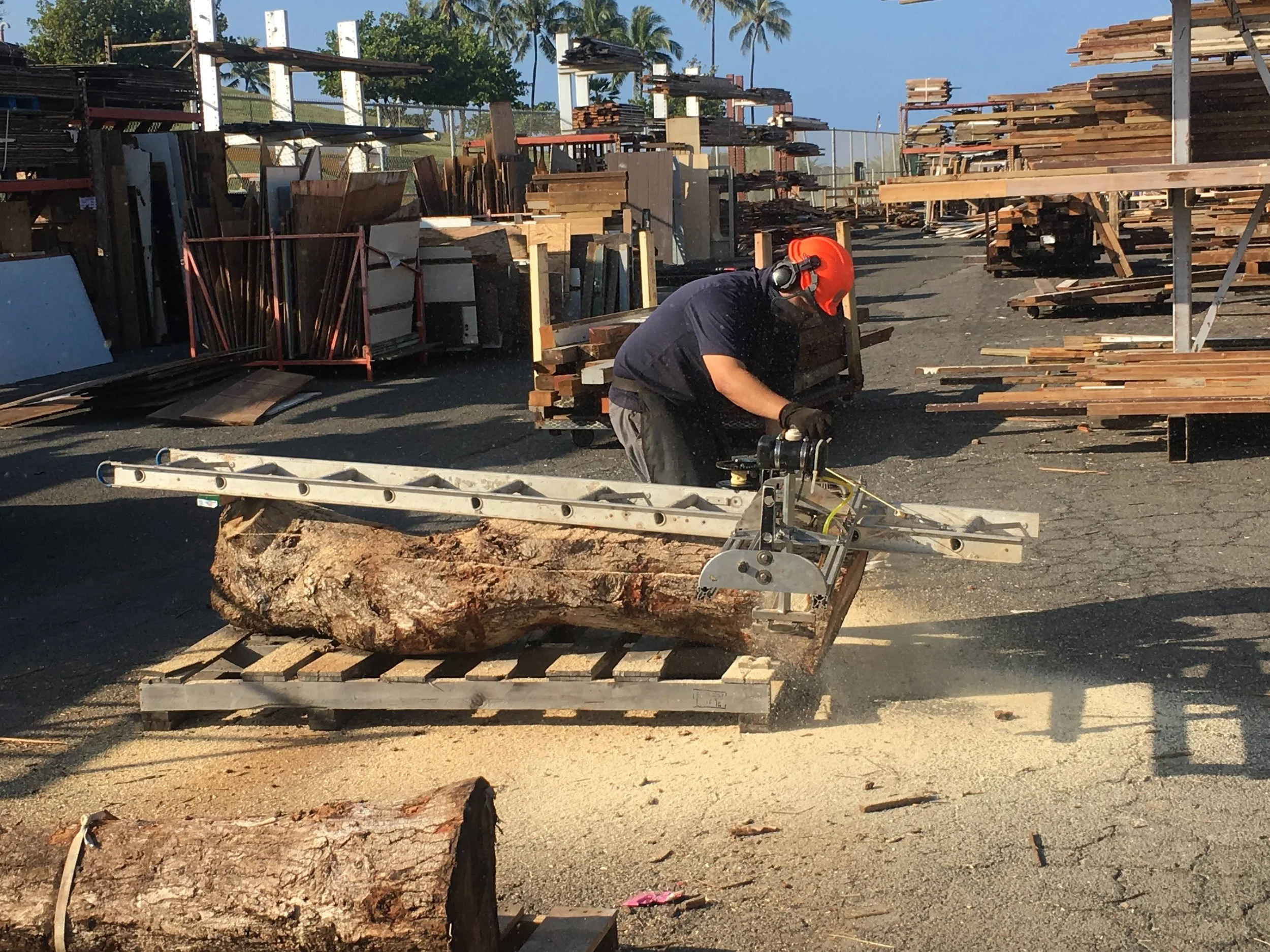 A man wearing an orange safety helmet and black gloves using a saw to cut a large log of wood at a lumber yard with stacks of wood and construction materials in the background.