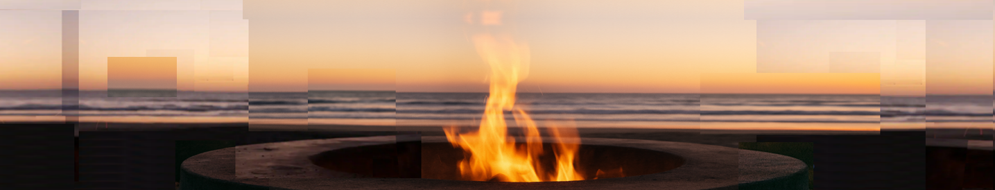 a panoramic of a picturesque sunset at the beach, a fire is in the center of the photo with the text "elevate your healing"