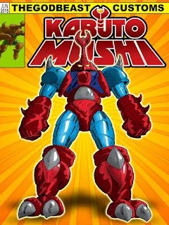 Poster for 'Karuto Mushi' featuring a large red and blue robot with fists raised, set against a yellow background with black flash lines, and text indicating 'The God Beast Customs'.