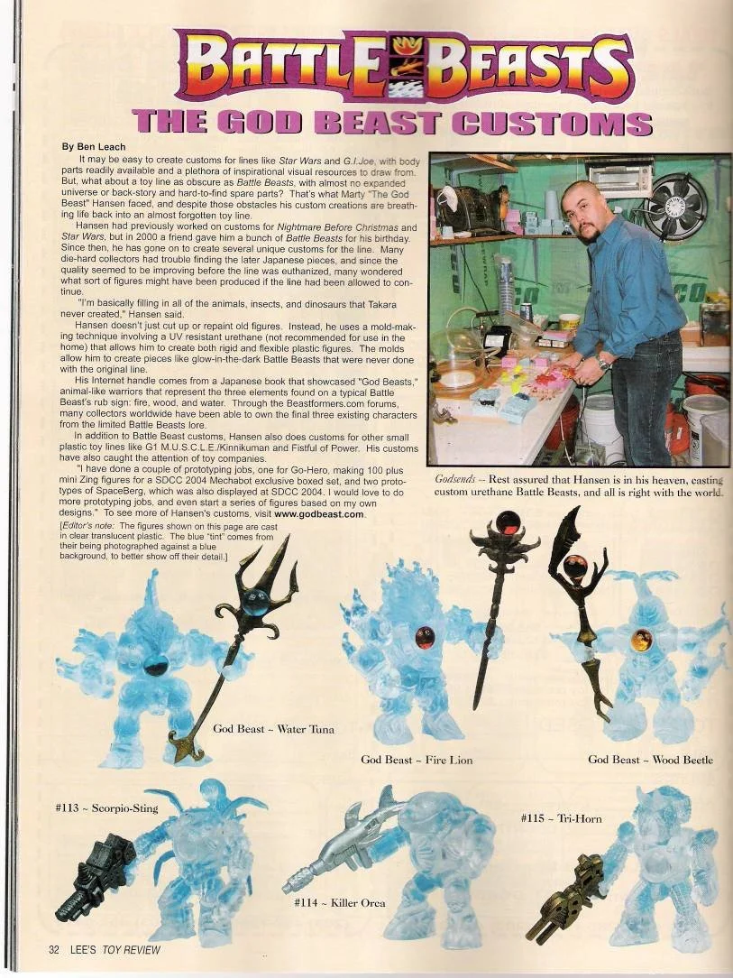 Magazine page titled "Battle Beasts: The God Beast Customs." It features images and descriptions of toy figures inspired by Japanese mythology, including Water Tuna, Fire Lion, Wood Beetle, Scorpio-Sting, Killer Orca, and Tri-Horn, with a man working at a green counter in the background.