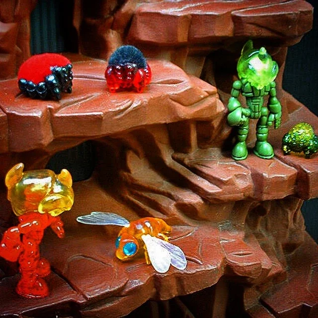 Colorful glass figurines of insects and tiny trees on a wooden multi-level shelf.