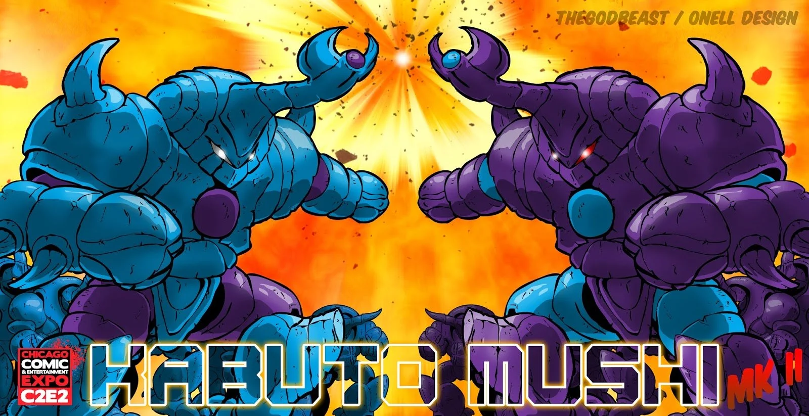Colorful illustration of two large, armored, humanoid creatures with horns, one blue and one purple, facing each other in a dramatic pose, with a fiery background and the text "Kaiju Tush MK II" at the bottom, and a logo for Chicago Comic & Entertain