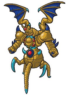 A fictional creature with multiple robotic and insect-like features, including large blue wings, claws, and a segmented body.