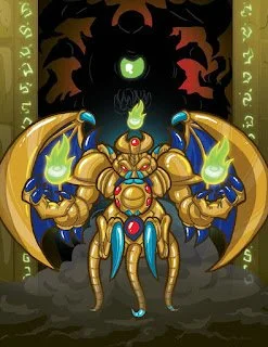 A golden, robotic creature with blue claws and glowing green flames on its hands and head, standing in front of a dark, shadowy figure with glowing green eyes and earpieces, in a fantasy or gaming theme.