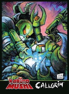 A colorful illustration of two animated characters: a green creature with multiple horns and armor, and a blue creature with armor, engaging in a fight. The scene has a dark, fantasy theme with a purple background.